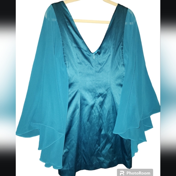 Pearl column dress with sheer butterfly sleeves. Gorgeous peacock blue. Size 4 - Picture 3 of 8